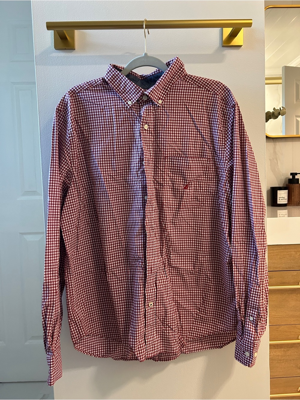 Nautica Men’s Red Gingham Long Sleeve Button-Down Shirt XL